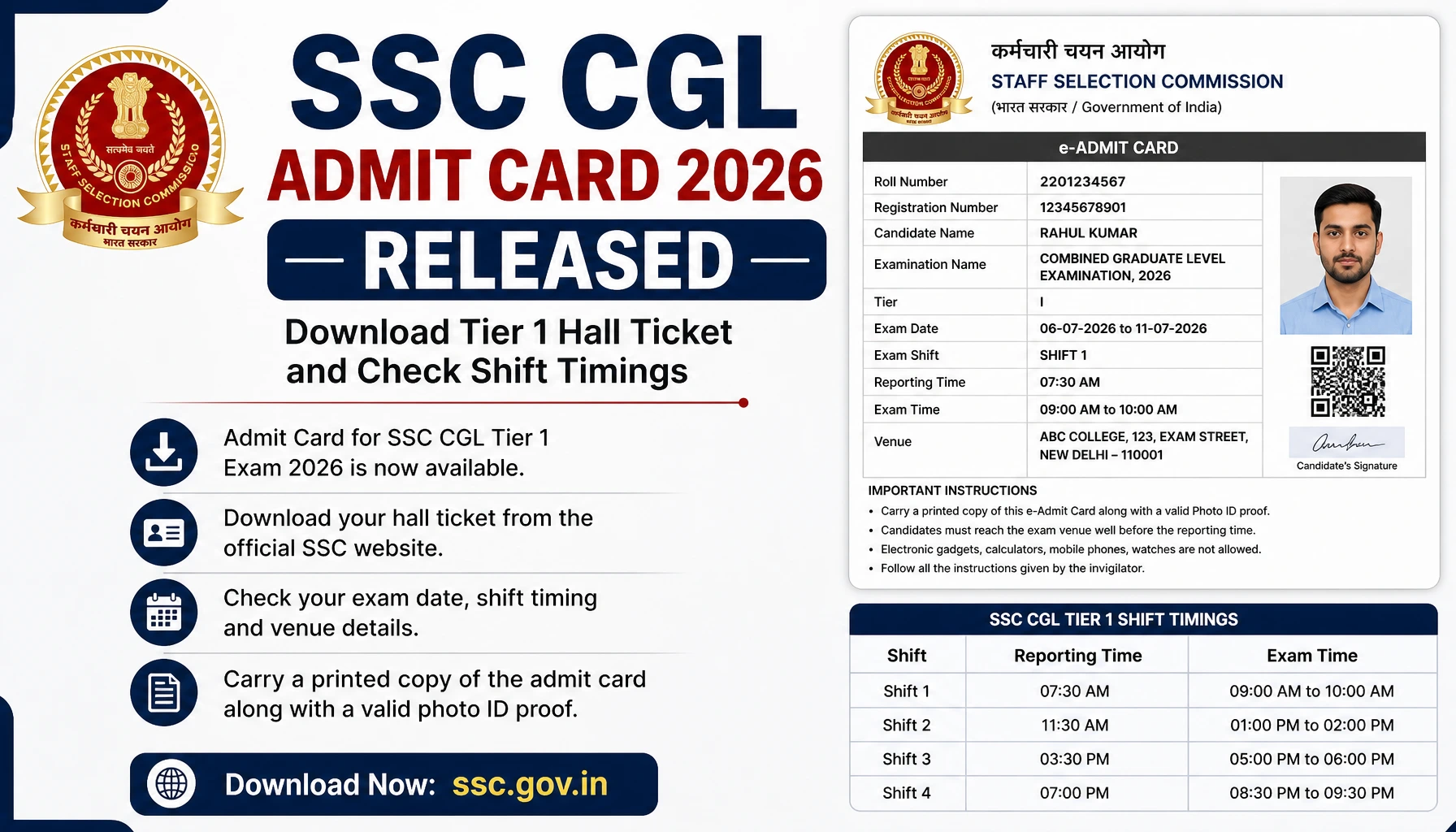SSC CGL Admit Card 2026 Released: Download Tier 1 Hall Ticket and Check Shift Timings