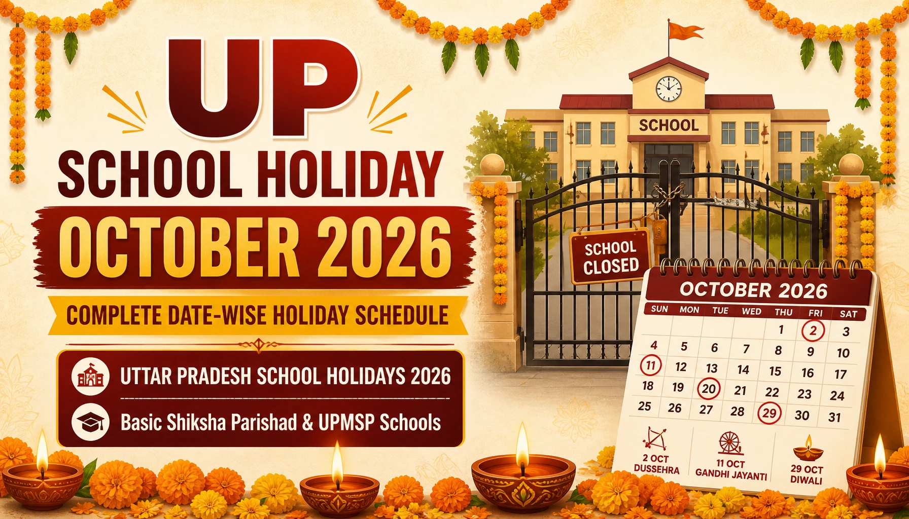 UP School Holiday October 2026: Complete Date-Wise Holiday List