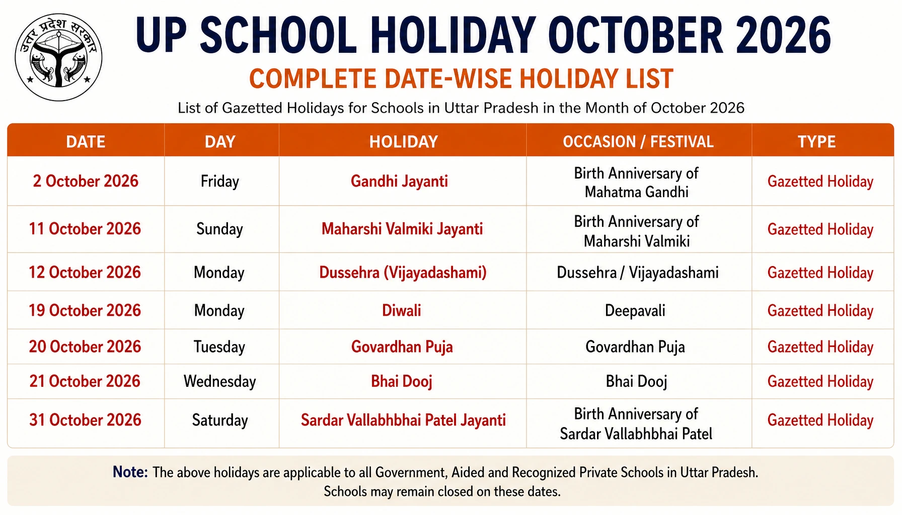 UP School Holiday October 2026: Complete Date-Wise Holiday List