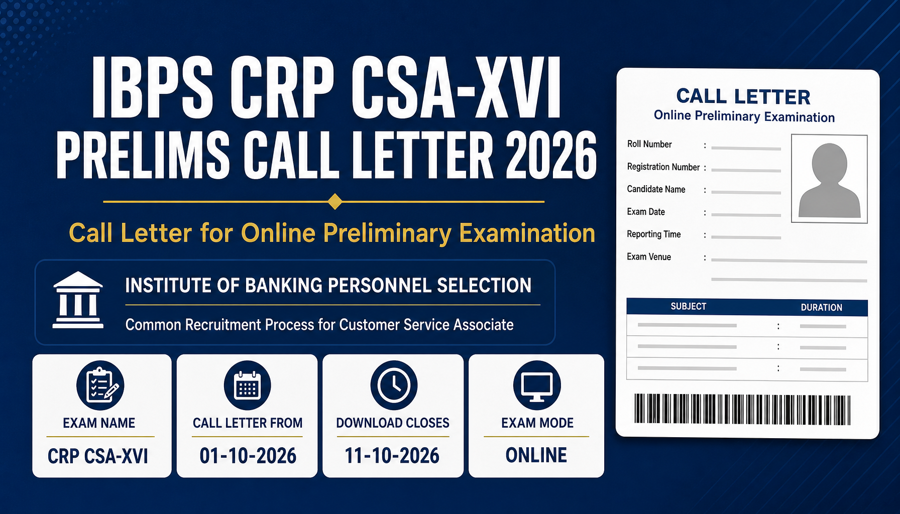 IBPS CSA Admit Card 2026: Download CRP CSA-XVI Prelims Call Letter