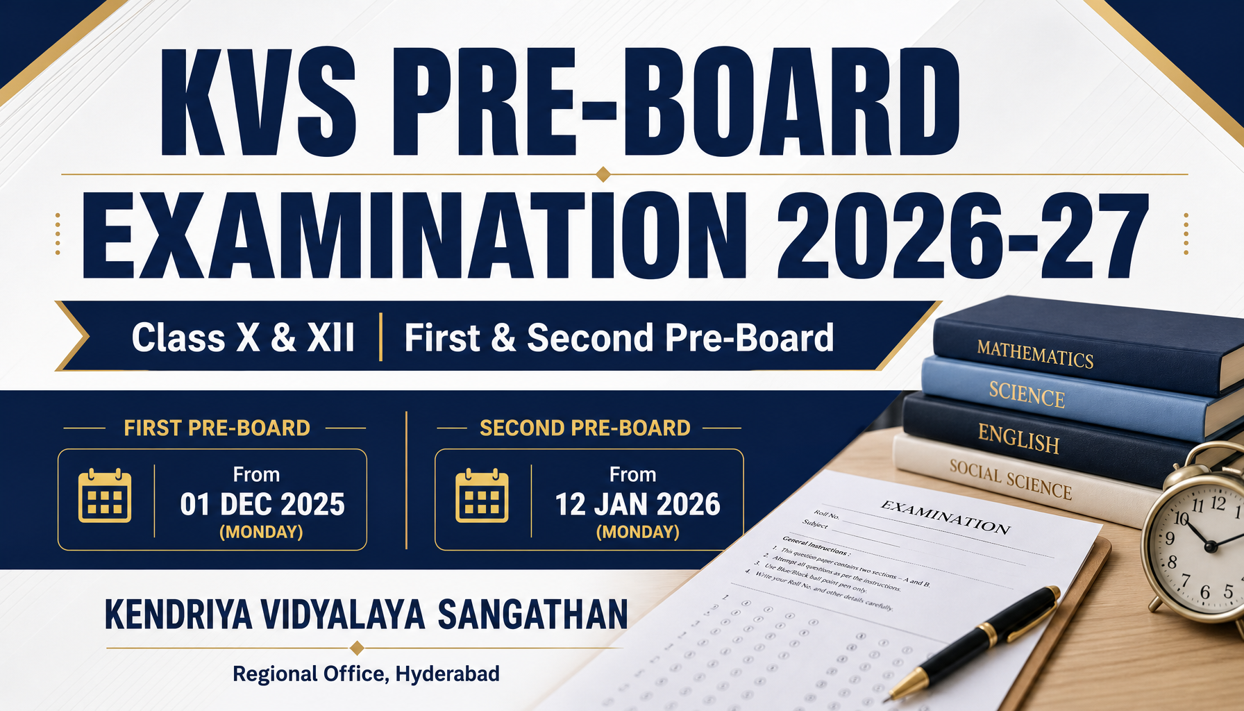 KVS Pre-Board Exam 2026-27 Class 10 & 12 Time Table