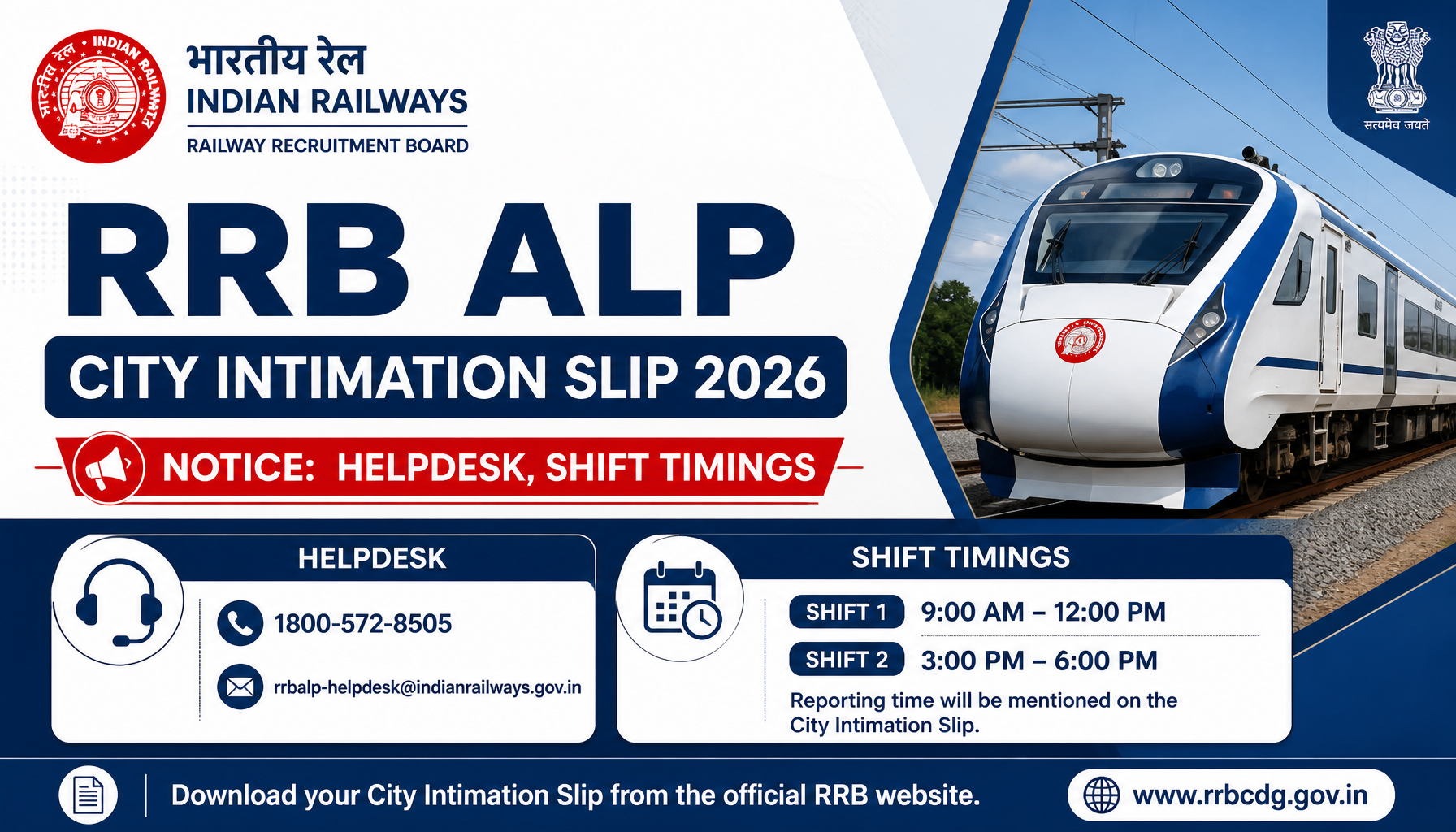 RRB ALP City Intimation Slip 2026 Notice: Helpdesk, Shift Timings