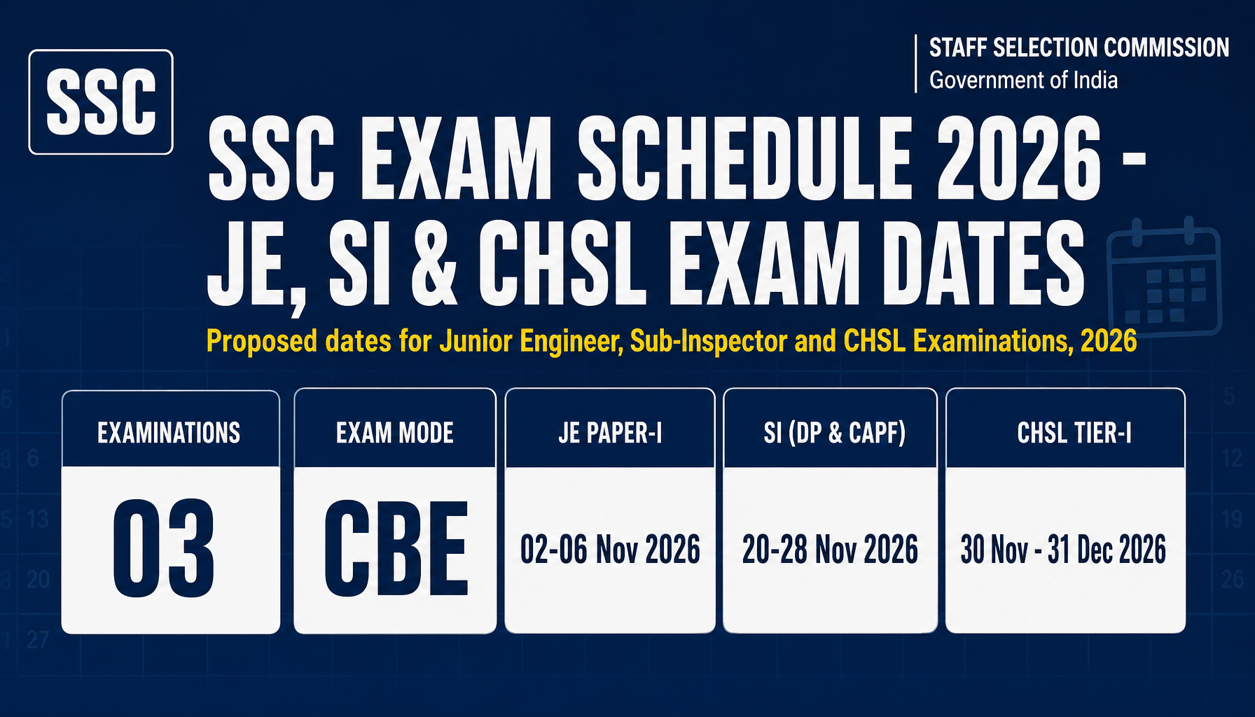 SSC Exam Schedule 2026: JE, SI & CHSL Exam Dates Announced, Check Full Calendar